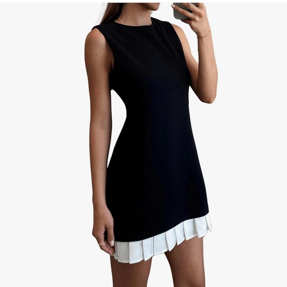 Commense Black Mini Dress with White Pleated Hem